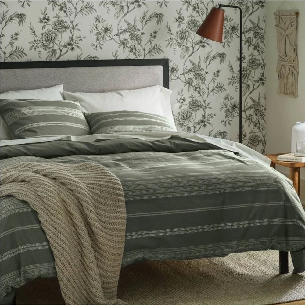 NWOT King Cotton Woven Stripe Duvet Cover & Sham Set Moss Green/White -Threshold